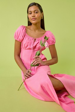 Pink Puff Sleeve Midi Dress