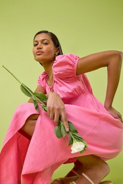 Pink Puff Sleeve Midi Dress