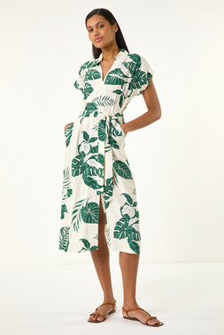 Roman Green Leaf Belted Shirt Dress