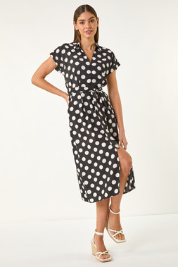 Roman Spot Print Belted Midi Dress