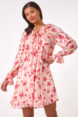 Roman Light Pink Rose Print Ruffle V-Neck Smock Dress