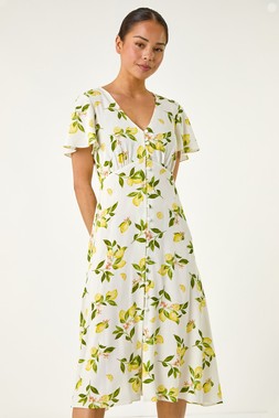 Roman Petite Ivory Lemon Print Button Tea Dress