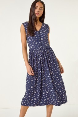 Roman Petite Navy Floral Print V-Neck Midi Dress