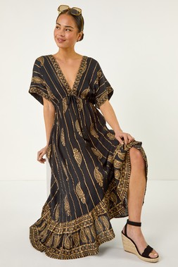 Roman Petite Black Foil Print Boho Maxi Dress