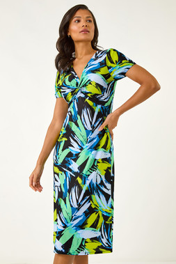 Roman Blue Leaf Print Twist Front Midi Dress