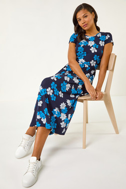 Roman Navy Floral Print Pocket Midi Dress