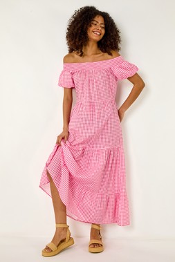 Roman Dusk Pink Gingham Bardot Dress