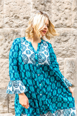 Roman Curve Blue Printed V Neck Dress