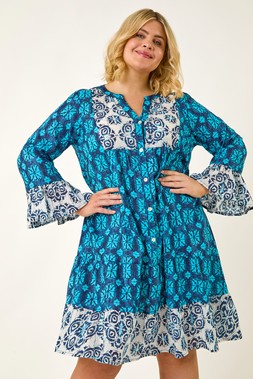 Roman Curve Contrast Print V-Neck Midi Dress