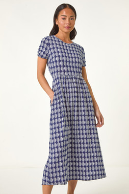 Roman Petite Navy Geometric Spot Pocket Midi Dress