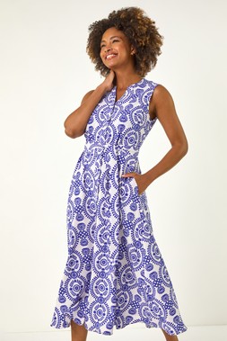 Roman Circle Print Belted Shirt Midi Dress