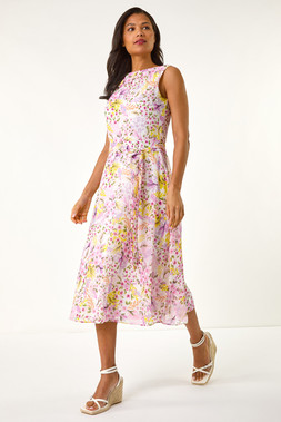 Roman Pink Floral Print Pleat Neck Midi Dress