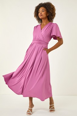Roman Purple Tie Back V-Neck Stretch Midi Dress