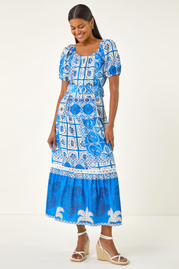 Roman Royal Blue Abstract Border Belted Midi Dress