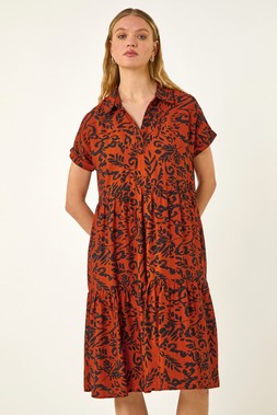 Roman Leaf Print Collared Smock Dress