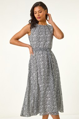 Roman Abstract Bardot Shirred Maxi Dress