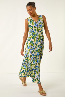 Roman Blue Abstract Print Sleeveless Midi Dress