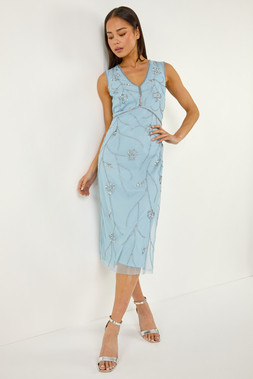 Roman Petite Blue Embellished V-Neck Midi Dress
