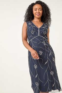 Roman Petite Navy Embellished V-Neck Midi Dress