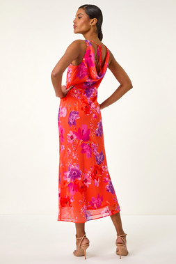 Roman Orange Floral Cowl Neck Midi Dress