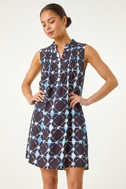 Roman Petite Navy Geometric Pintuck Pocket Dress