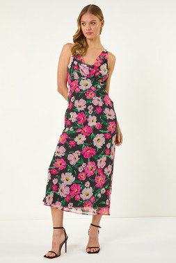 Roman Black Floral Print Cowl Neck Midi Dress