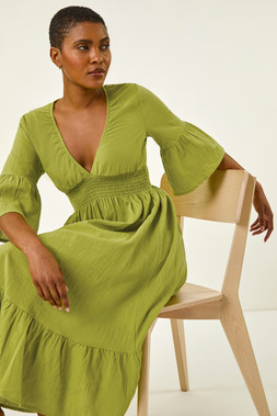 Roman Linen Look Shirred Midi Dress
