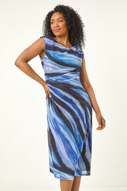 Roman Petite Navy Print Ruched Side Mesh Midi Dress
