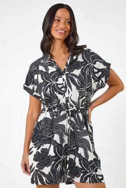 Dusk Palm Leaf Print V-Neck Playsuit