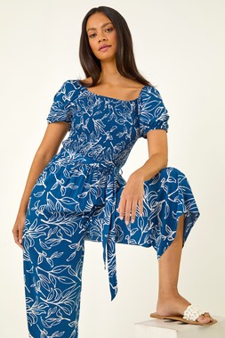 Roman Dusk Blue Leaf Print Wide Leg Jumpsuit
