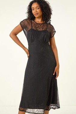 Roman Petite Black Lace Stretch Midi Dress