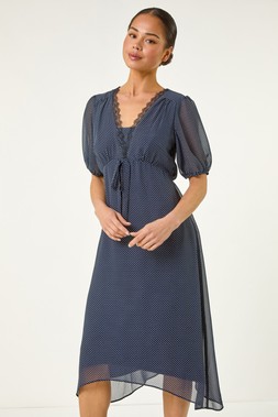 Roman Petite Navy Spot Print Lace Bow Midi Dress