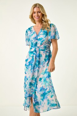 Roman Petite Abstract Print Ruched Midi Dress