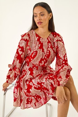 Roman Dusk Red Foil Paisley Dress
