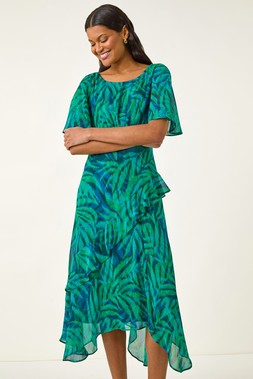 Roman Leaf Print Chiffon Frill Midi Dress