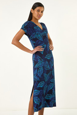 Roman Leaf Print Ruched Midi T-Shirt Dress