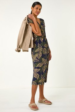 Roman Navy Leaf Print Midi Wrap Dress
