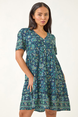 Roman Petite Blue Paisley Print Tiered Dress
