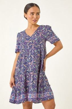 Roman Petite Navy Floral Paisley Tiered Dress