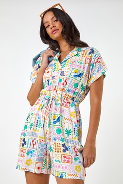 Dusk Patchwork Print Tie V-Neck Playsuit