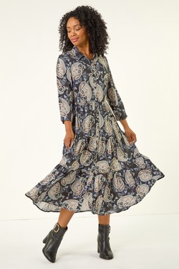 Roman Petite Black Paisley Print Tiered Midi Dress