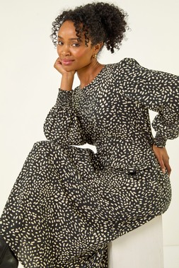Roman Petite Black Print Shirred Midi Dress
