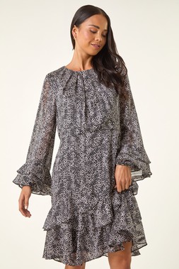 Roman Petite Black Abstract Print Frill Dress
