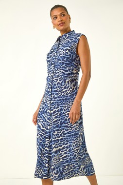 Roman Animal Print Gathered Shirt Dress