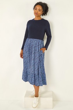 Roman Petite Navy Contrast Tiered Midi Dress