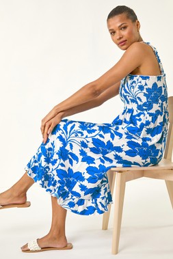 Roman Blue Floral Shirred Midi Dress