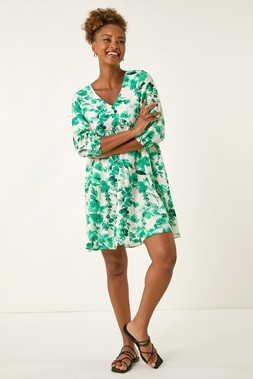 Roman Green Floral Print Smock Dress