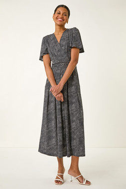 Roman Black Spot V-Neck Midi Wrap Dress