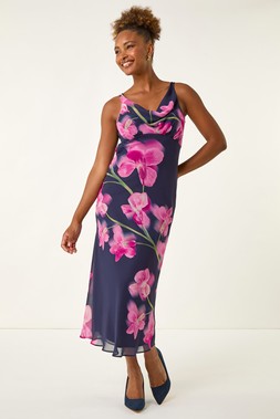 Roman Navy Floral Print Cowl Neck Midi Dress