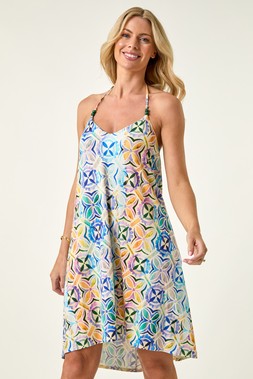 Roman Petite Blue Abstract Halter Neck Stretch Dress